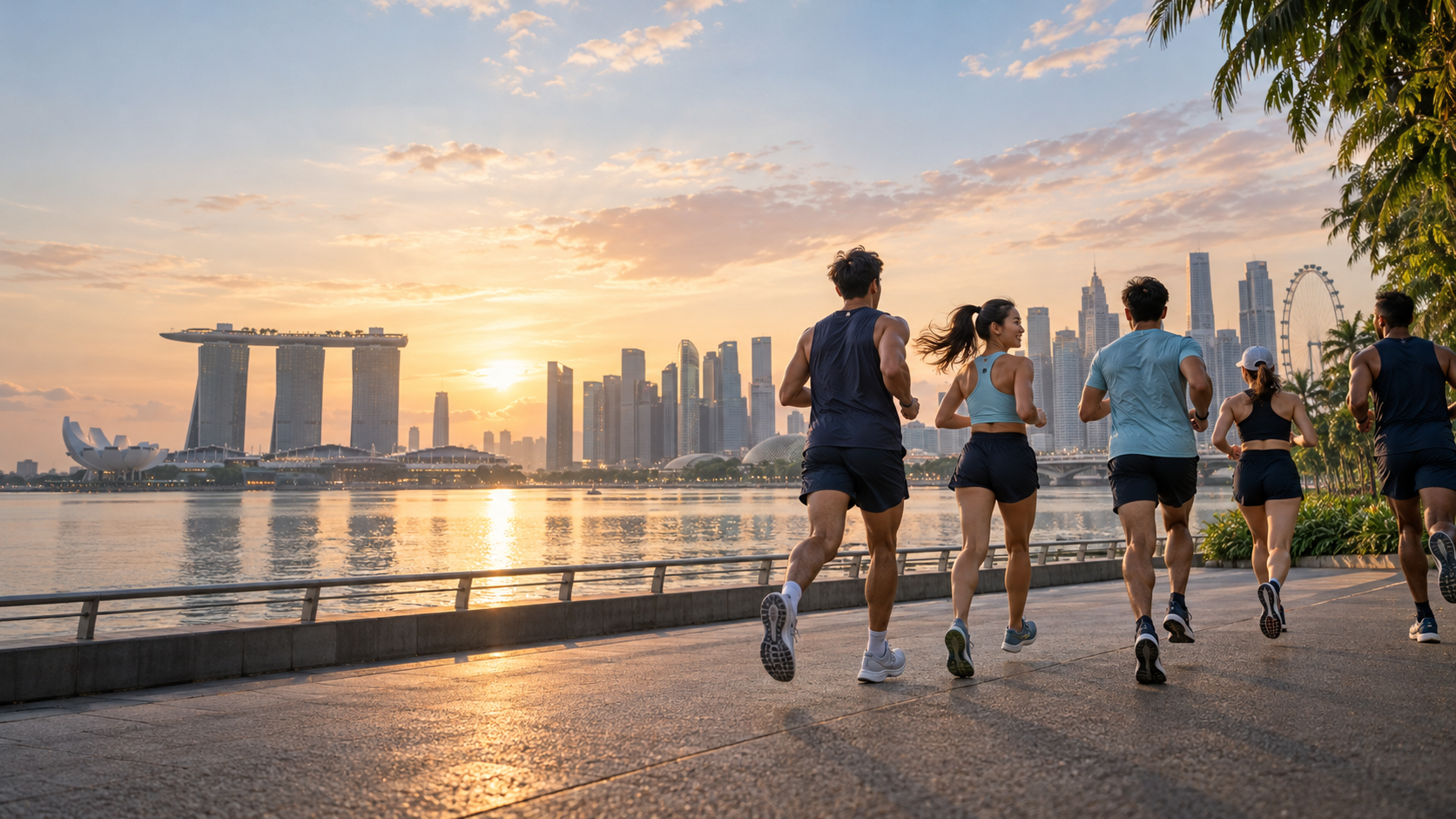Illustrative scene of runners along Singapore's Marina Bay at sunrise