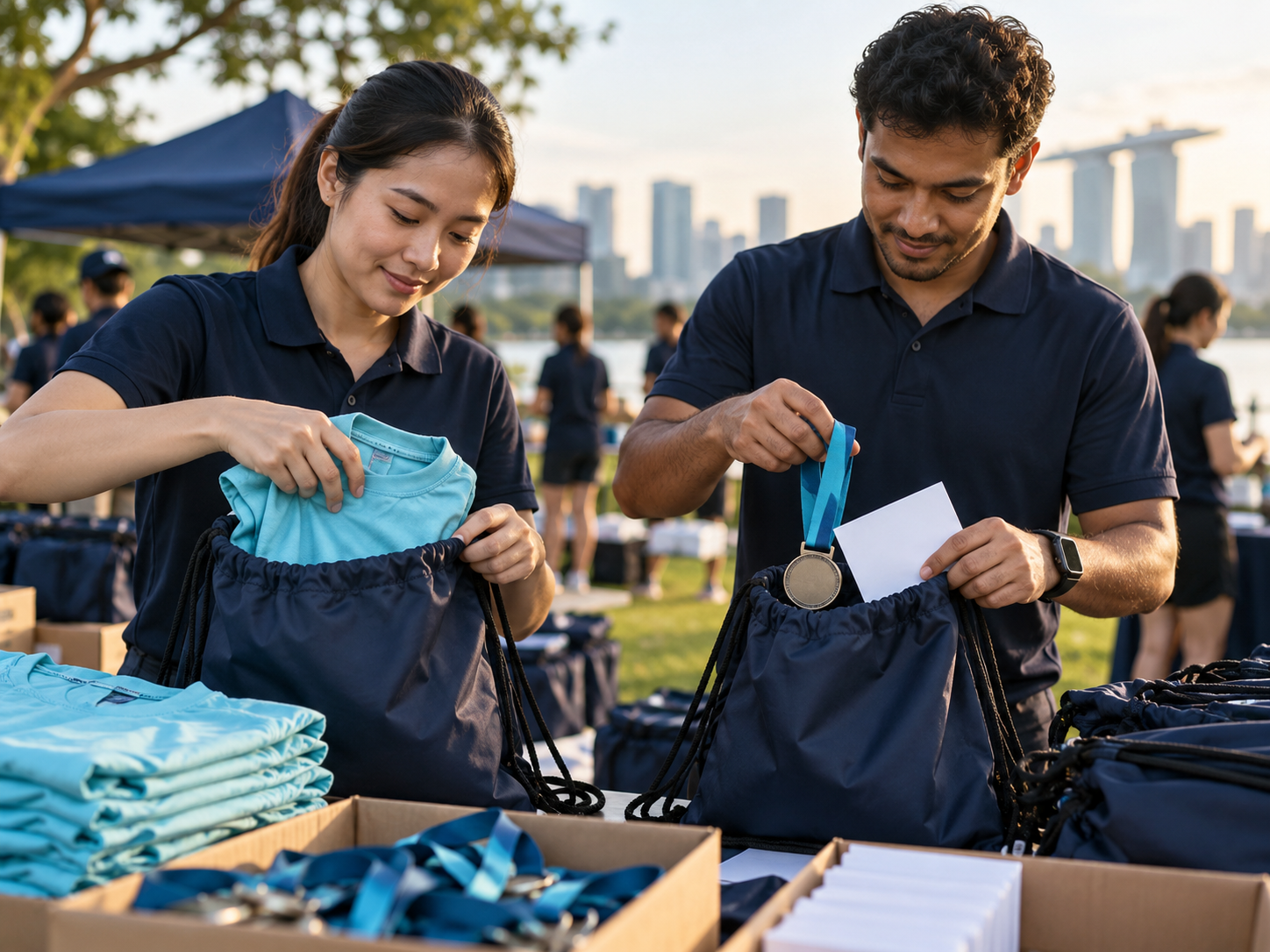 Event volunteers preparing participant packs with shirts and medals