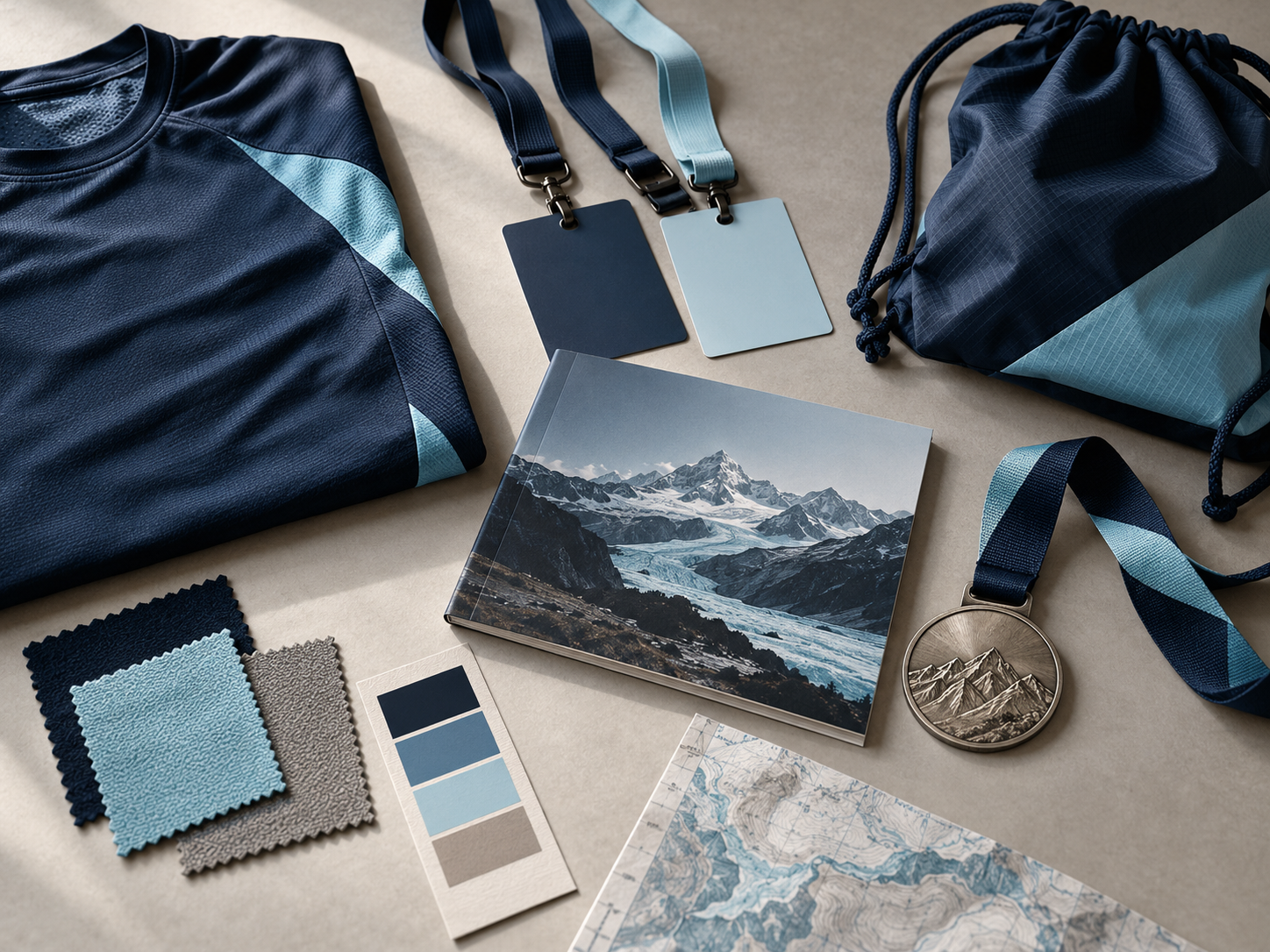 Illustrative coordinated club materials including shirts, medals, lanyards and bags