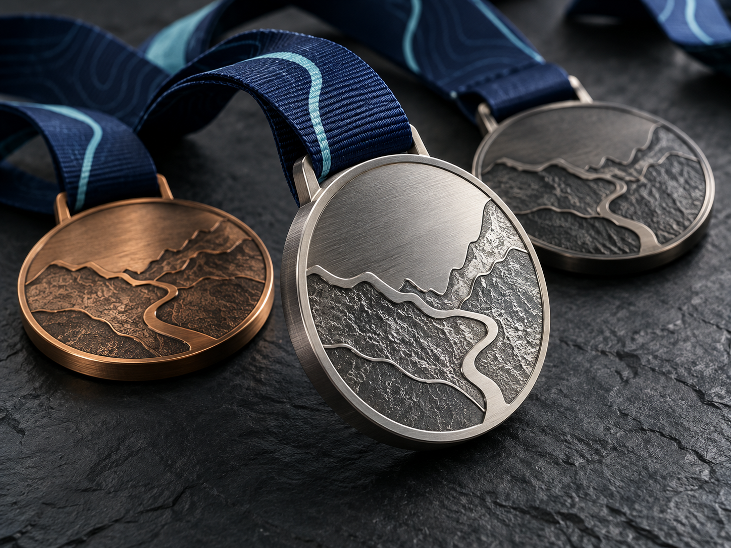 Illustrative silver, bronze and gunmetal custom medals with woven ribbons