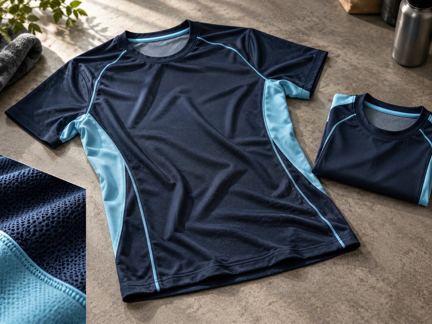Illustrative navy and cyan club running shirts with textured performance fabric